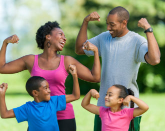 family being happy doing exercise